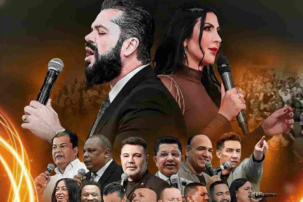 Cartaz de evento gospel com o pastor Agenor Duque e outros pregadores no palco