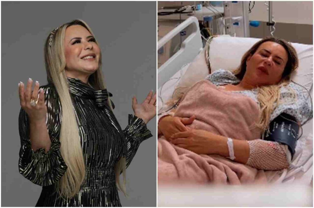 Bispa Virginia Arruda adorando com as mãos levantadas em ensaio fotográfico e, ao lado, internada em hospital durante tratamento de saúde.