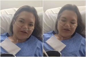 Cantora e missionária Débora Miranda hospitalizada, usando cânula nasal de oxigênio em leito hospitalar.