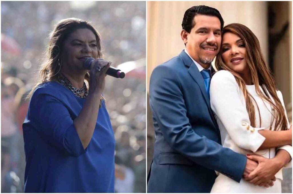 Léa Mendonça cantando em evento com microfone no palco, ao lado de Flordelis e Anderson do Carmo em foto de casal posando para registro oficial.