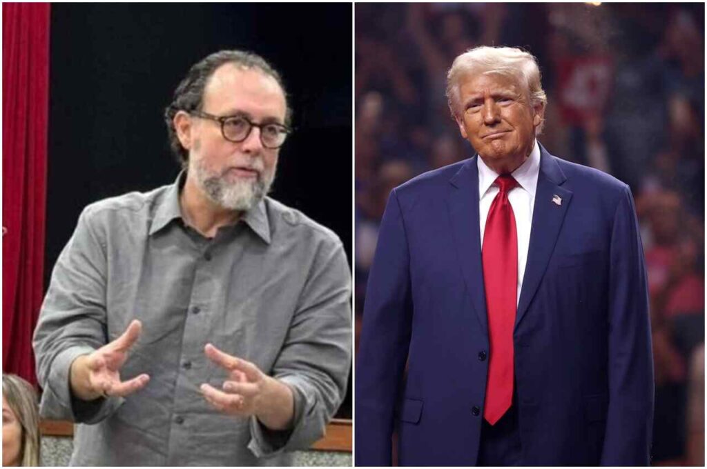 Carlos Bezerra e Donald Trump em imagem comparativa; à esquerda, o pastor em momento de fala, à direita, Trump em evento público.