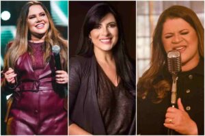 Montagem com as cantoras gospel Sarah Farias, Fernanda Brum e Midian Lima em momentos distintos de ministração e louvor.
