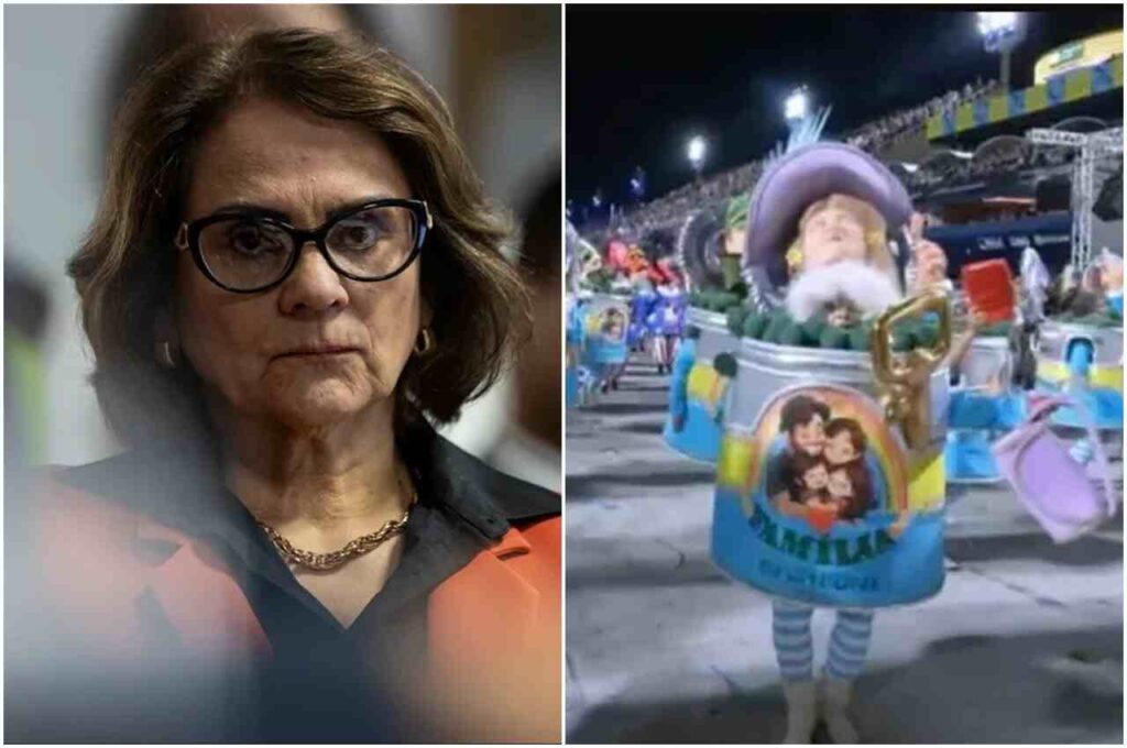 Montagem com a senadora Damares Alves em ambiente institucional e, ao lado, alegoria de desfile de Carnaval com fantasia colorida em sambódromo.