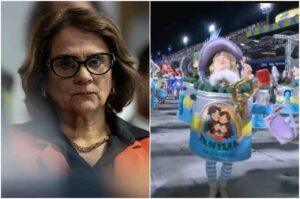 Montagem com a senadora Damares Alves em ambiente institucional e, ao lado, alegoria de desfile de Carnaval com fantasia colorida em sambódromo.
