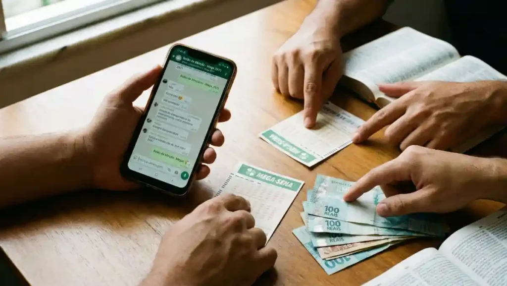 Pessoas organizam bolão da Mega-Sena com volante de aposta, celular com mensagens, notas de real e livro aberto sobre mesa