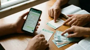 Pessoas organizam bolão da Mega-Sena com volante de aposta, celular com mensagens, notas de real e livro aberto sobre mesa