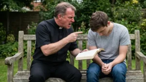 Homem com roupa clerical aponta para jovem sentado em banco enquanto segura Bíblia, em cena de repreensão que ilustra disciplina eclesiástica e abuso espiritual