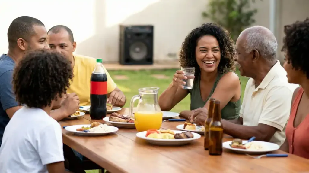 Família reunida em almoço ao ar livre conversando e sorrindo em mesa grande durante confraternização