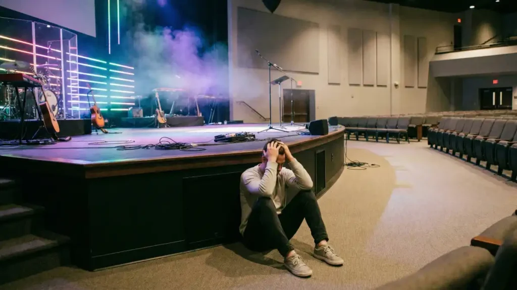 Homem sentado no chão com as mãos na cabeça em auditório de igreja vazio, perto do palco de louvor com instrumentos e luzes