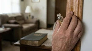 Mão aplica óleo de unção em batente de porta dentro de casa, com Bíblia sobre mesa ao fundo