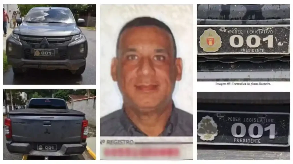 Montagem mostra Marco Roberto da Silva, conhecido como Pastor, ao centro, imagens de caminhonete com placa 001 do Poder Legislativo e detalhes das placas após detenção em Águas da Prata (SP)