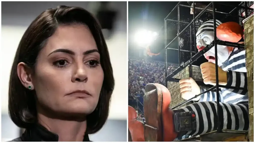 michelle bolsonaro em retrato e alegoria de desfile com personagem representando jair bolsonaro preso em grade durante carnaval