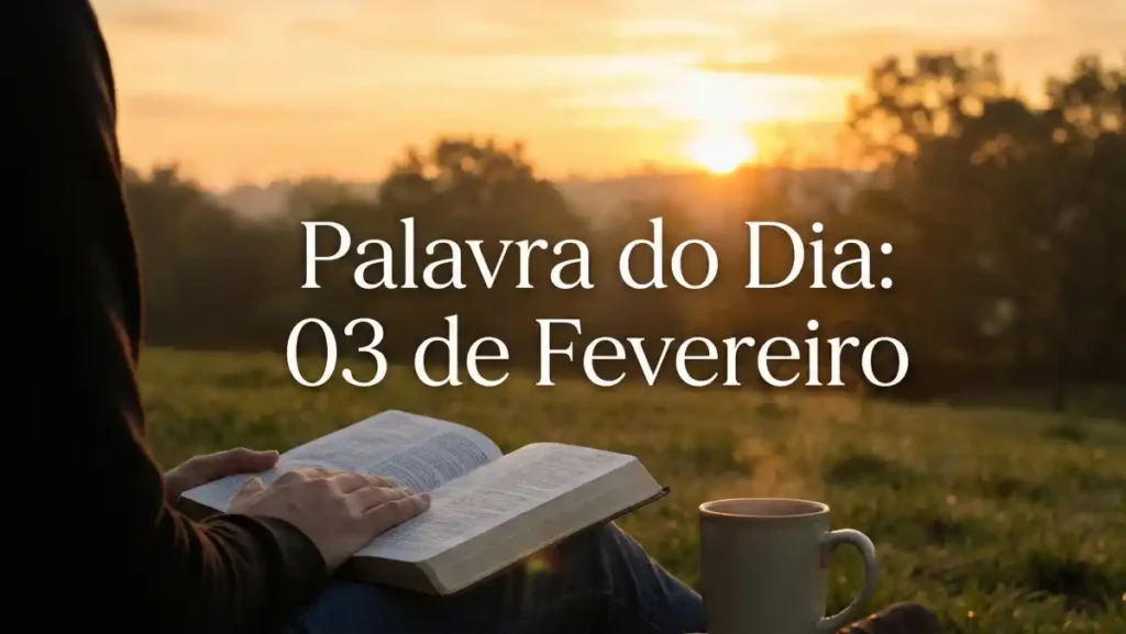 Pessoa lê a Bíblia ao ar livre durante o nascer do sol com a frase "Palavra do Dia: 03 de Fevereiro" sobreposta