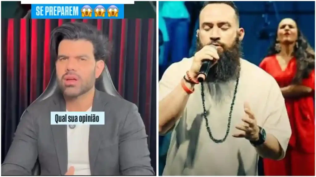 Montagem lado a lado mostra Profeta Roberto Ruiz falando para a câmera, e Marcos Telles cantando com microfone no palco durante apresentação.