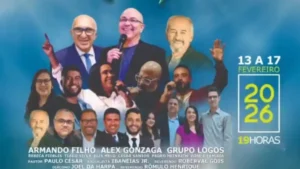 Cartaz do Projeto Libertar Gaibu anuncia 5 dias de louvor com Alex Gonzaga e Grupo Logos de 13 a 17 de fevereiro de 2026 às 19h