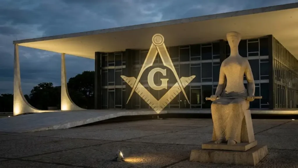 fachada do stf ao entardecer com simbolo da maconaria sobreposto e a frase a vitoria da maconaria no stf