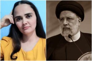Influenciadora evangélica Anábia Apocalipse em retrato pessoal ao lado de imagem do líder supremo do Irã, Ali Khamenei, usada em comparação religiosa nas redes sociais
