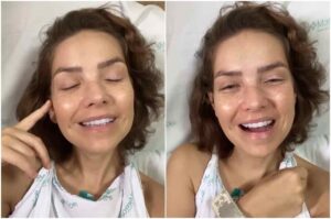 Cantora gospel Camila Campos falando em vídeo direto de leito hospitalar