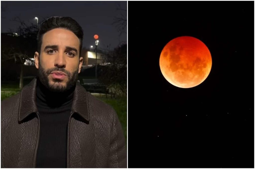 Leonardo Sale comenta fenômeno da lua vermelha durante gravação de vídeo noturno, ao lado de imagem da chamada lua de sangue