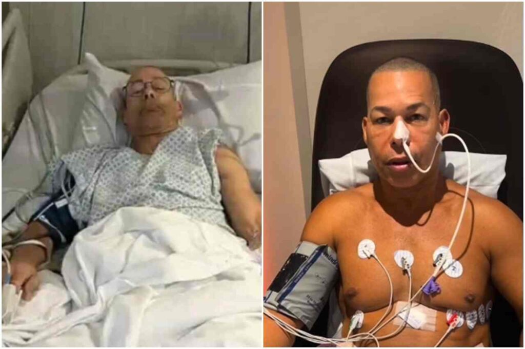 Pastor Marquinhos Menezes internado em hospital, deitado em leito e monitorado por equipamentos médicos durante tratamento de saúde