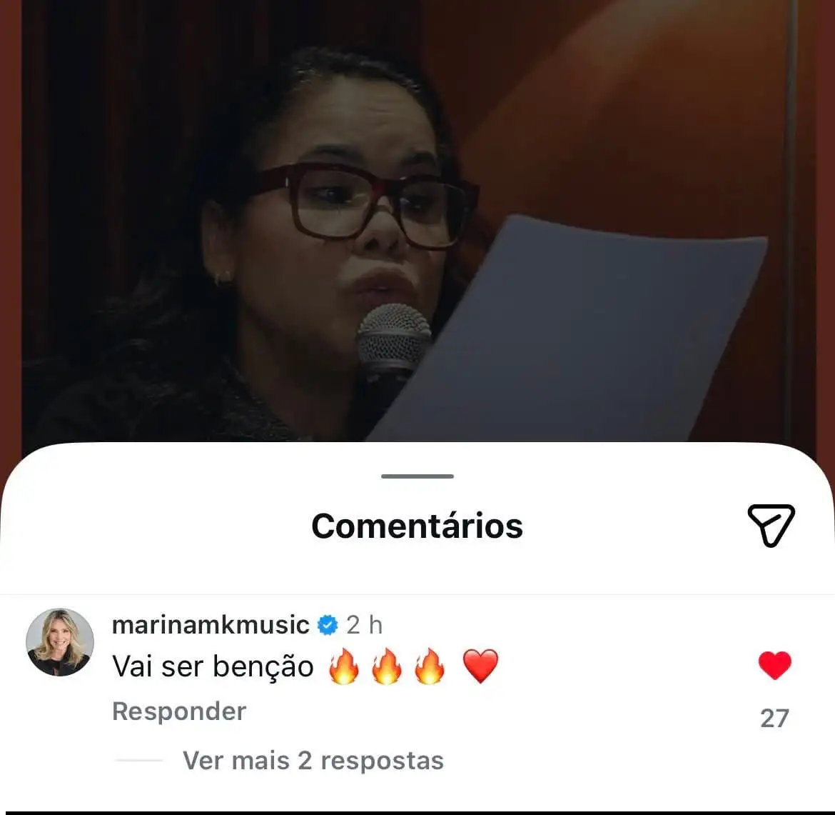 Comentário de Marina de Oliveira em publicação do O Fuxico Gospel dizendo “Vai ser benção” no Instagram
