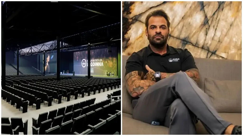 Montagem mostra auditório da Igreja Lagoinha Belvedere e o pastor Fabiano Zettel sentado em sofá em foto de divulgação