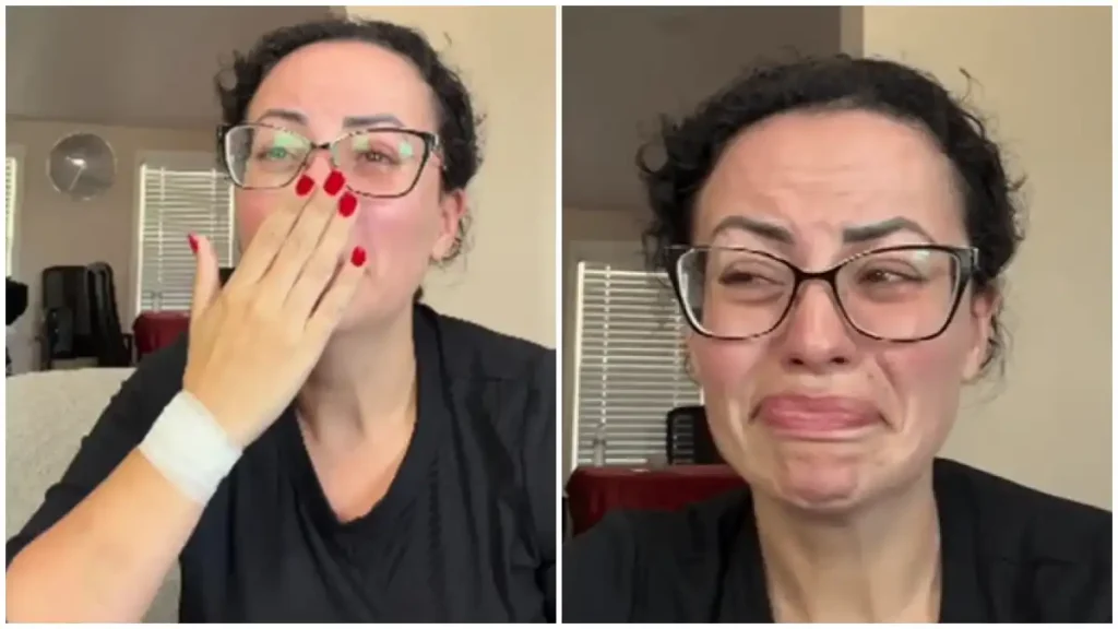 Montagem mostra Milla Flores chorando e levando a mão ao rosto em vídeo publicado nas redes sociais