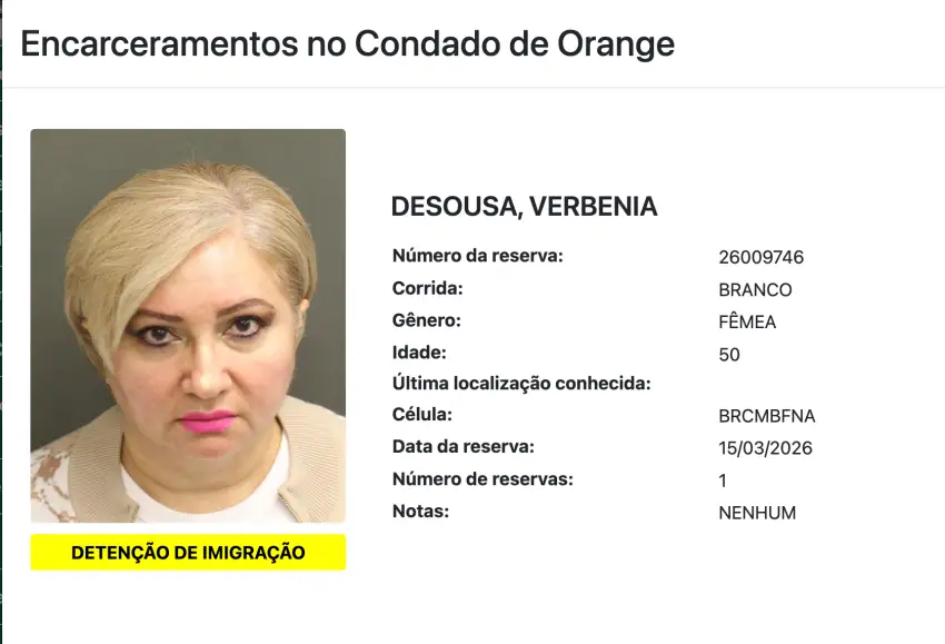 Página de encarceramentos do Condado de Orange exibe registro de DESOUSA, VERBENIA com número de reserva 26009746 e indicação de detenção de imigração