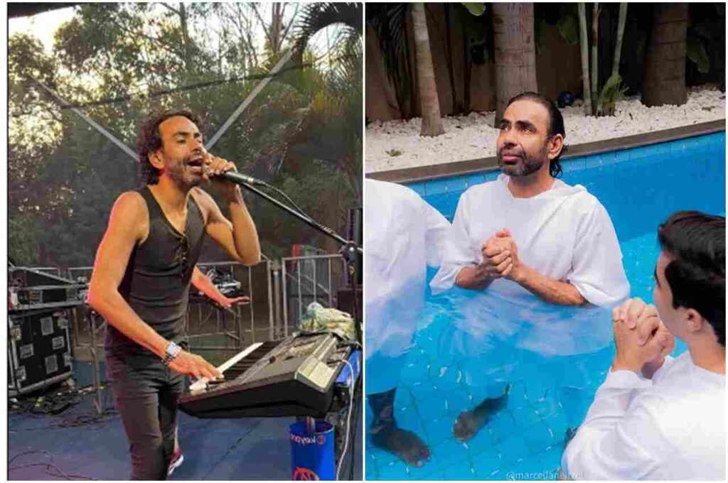 Cantor Pepe Moreno em duas imagens: cantando e tocando teclado em show e sendo batizado em piscina.