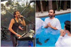Cantor Pepe Moreno em duas imagens: cantando e tocando teclado em show e sendo batizado em piscina.