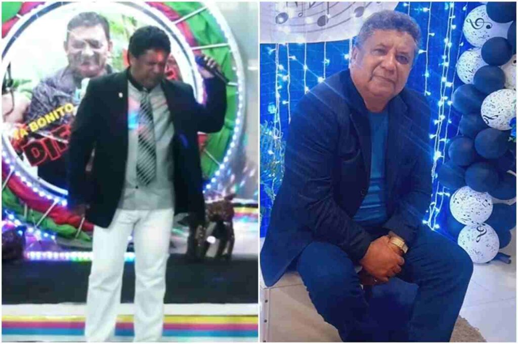 Cantor Roberto Villar em duas imagens: se apresentando com microfone e em pose durante evento decorado.