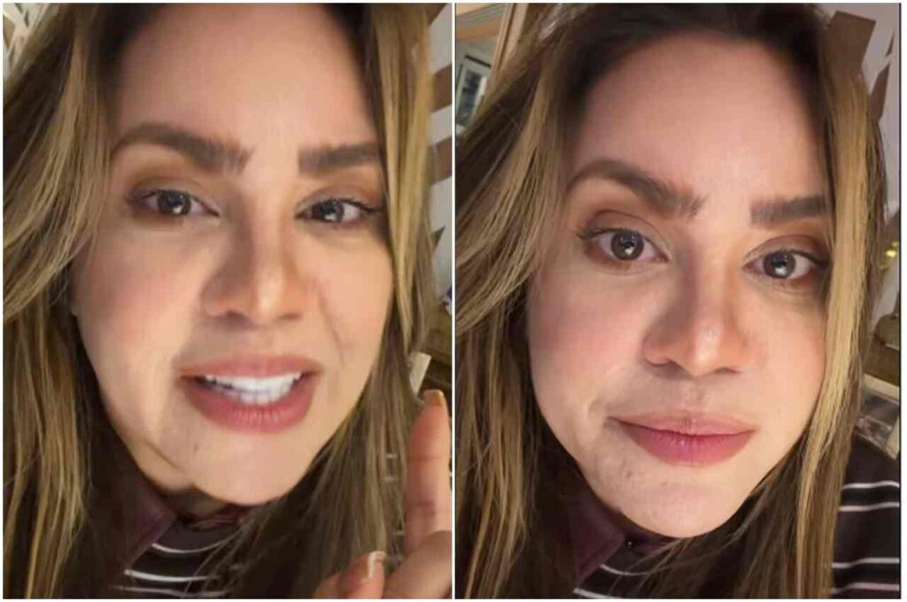 Cantora Sarah Farias em vídeo selfie falando diretamente à câmera, com expressão séria.