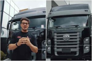 Deive Leonardo aparece em frente a caminhão Volkswagen Constellation durante gravação externa.