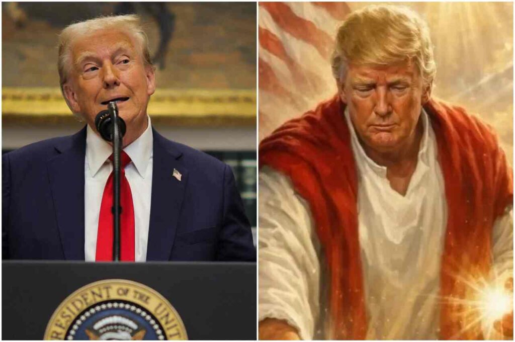 Donald Trump em discurso oficial e, ao lado, ilustração artística com simbologia religiosa.