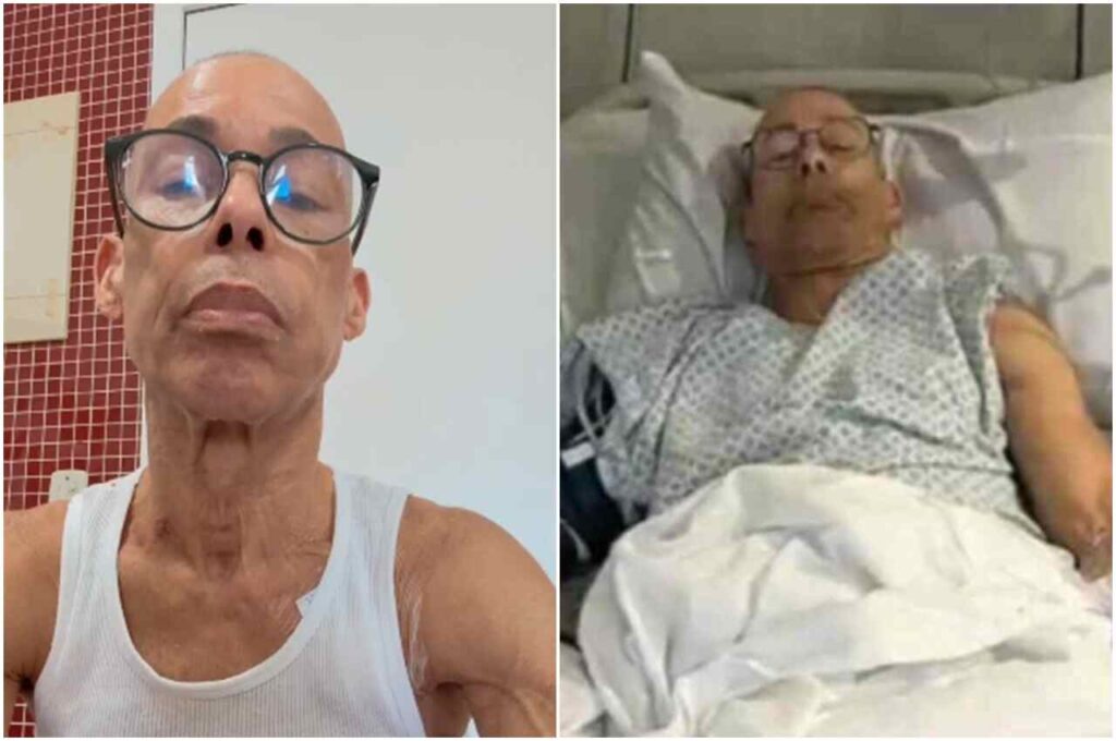 Pastor Marquinhos Meneses em duas imagens: em casa e hospitalizado em leito hospitalar.