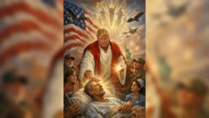 Ilustração mostra Donald Trump em composição religiosa, com referência visual a Jesus Cristo e símbolos dos Estados Unidos
