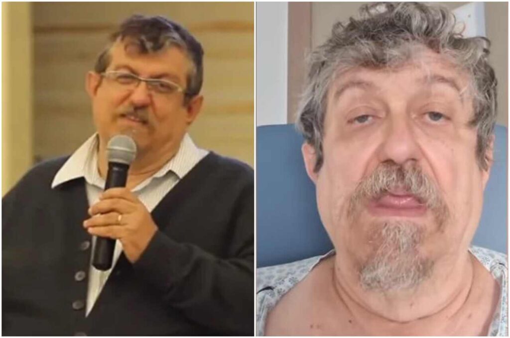 Pastor Luiz Sayão em duas imagens: pregando com microfone e em registro recente falando à câmera.