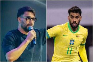 Lucas Paquetá aparece pregando em igreja e jogando pela Seleção Brasileira em montagem.