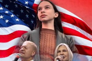 Rebeca Eloyse aparece diante da bandeira dos Estados Unidos em montagem com cantores gospel.
