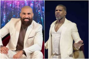 Montagem com Sérgio Saas sorrindo de terno claro e Kirk Franklin em apresentação com expressão intensa no palco.
