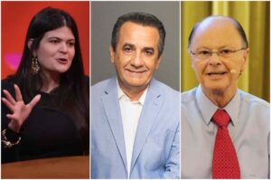 Montagem com Aava Santiago, Silas Malafaia e Edir Macedo em imagens usadas para ilustrar debate sobre temas religiosos e políticos.