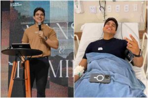 Montagem mostra o cantor Danilo Martins pregando em uma igreja e, ao lado, recuperando-se em um leito hospitalar após procedimento médico.