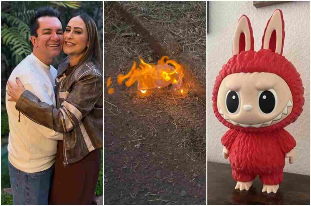 Montagem mostra Regis Danese e sua esposa abraçados, um objeto em chamas no chão e um boneco decorativo semelhante ao item incendiado.