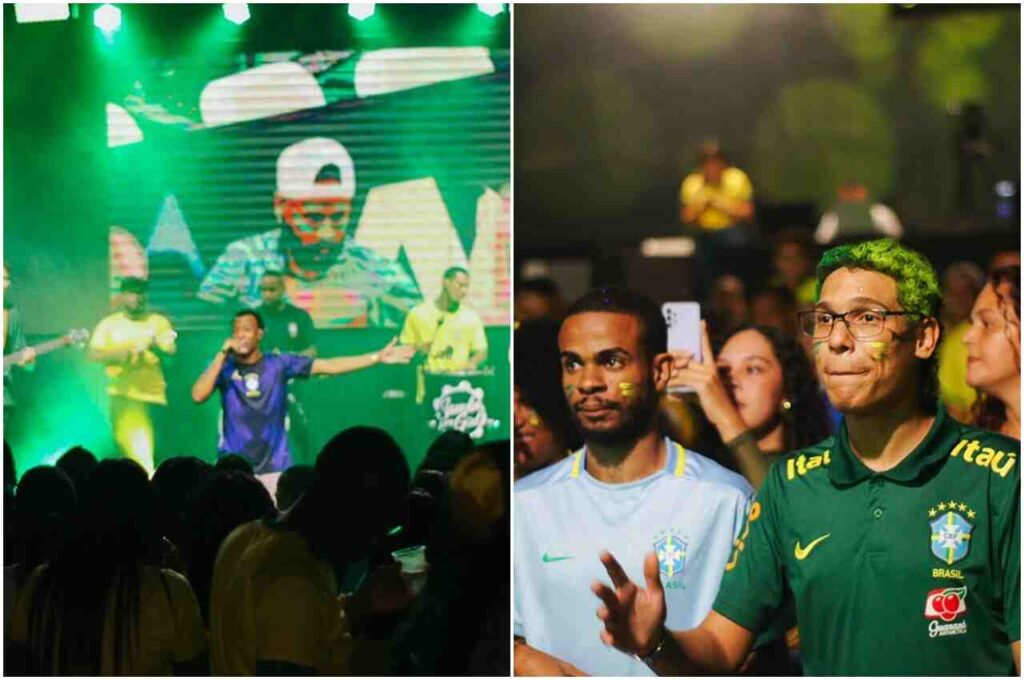 Fiéis acompanham transmissão de jogo da Seleção Brasileira em evento realizado por igreja, com palco iluminado e público usando camisas do Brasil.