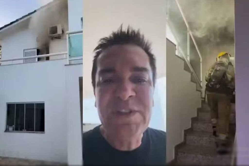 Montagem mostra imagens relacionadas ao incêndio na residência do cantor Regis Danese, incluindo a fachada do imóvel, o artista em vídeo e a atuação de bombeiros no local.