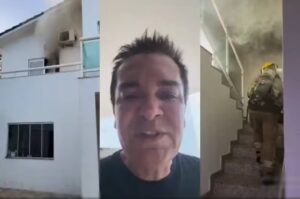 Montagem mostra imagens relacionadas ao incêndio na residência do cantor Regis Danese, incluindo a fachada do imóvel, o artista em vídeo e a atuação de bombeiros no local.