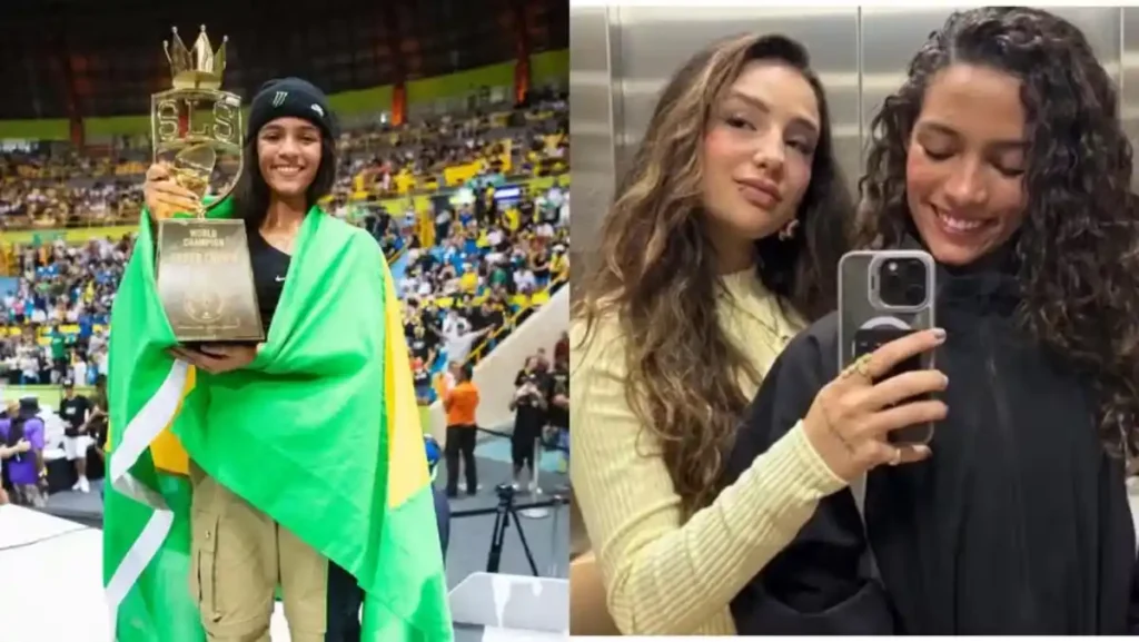 Rayssa Leal aparece com troféu em competição de skate e ao lado da namorada em montagem
