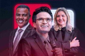 Bispo Samuel Ferreira, pastor Samuel J. Marques e sua esposa aparecem em arte oficial de divulgação de evento evangélico.