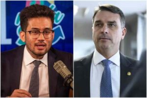 Kim Kataguiri durante entrevista em podcast ao lado de uma imagem do senador Flávio Bolsonaro em montagem que ilustra tema político.