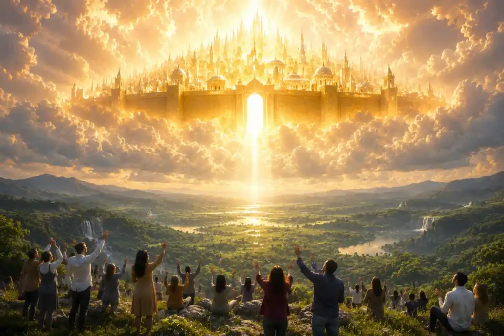 Pessoas contemplam cidade celestial iluminada sobre uma nova terra em representação do destino eterno cristão
